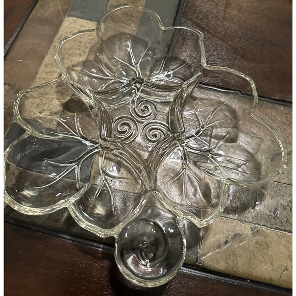 Vintage Leaf-shaped Hand Crafted Glass Clear Candy Dish (10” Long/8 1/2” Wide) - Picture 2 of 6